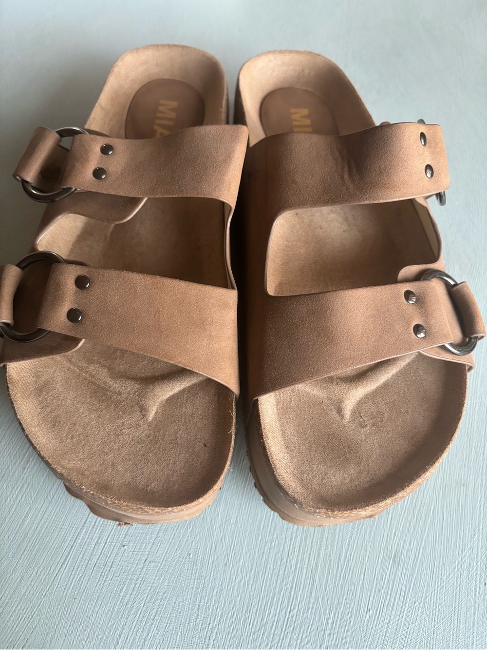 MIA Taupe Platform Double Buckle Sandals Size